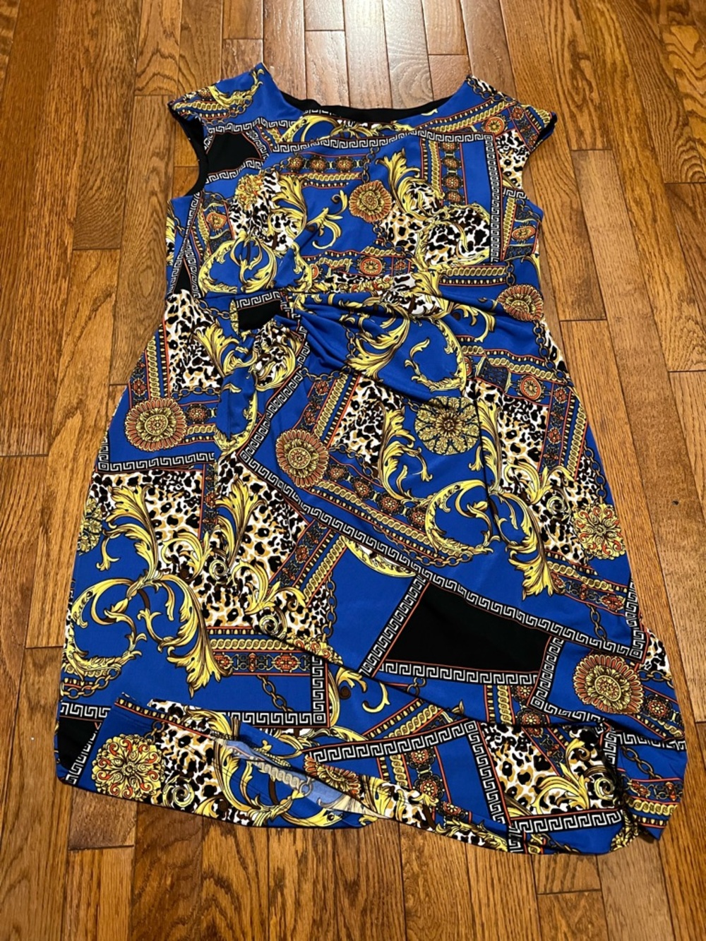 Dress Barn Blue and Gold Baroque Print Cap-Sleeve Dress
